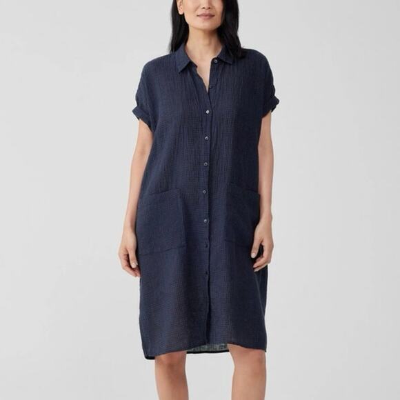 Eileen Fisher Dresses & Skirts - Eileen Fisher Puckered Organic Linen Classic Collar Dress | Navy | Size M